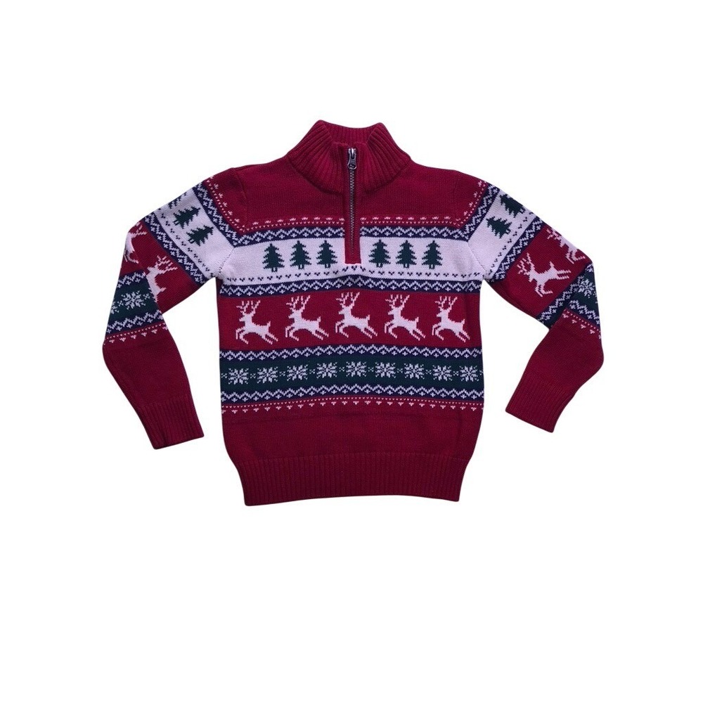 The Children's Place Quarter Zip Sweater Kid S 5/6 Red Fair Isle Holiday
